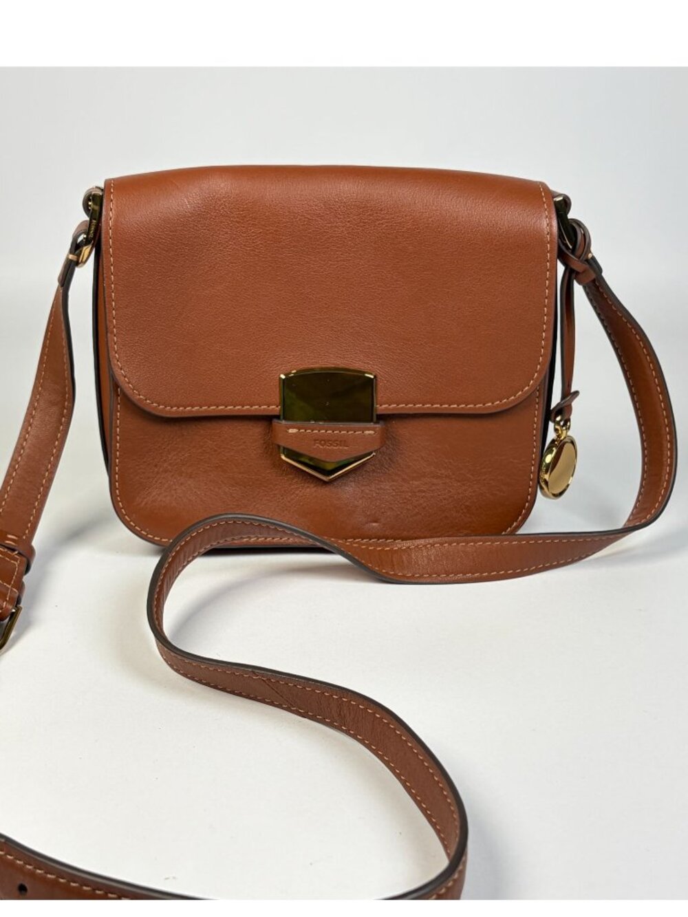 Fossil Lennox Flap Leather Crossbody Bag Brown w Magnetic Gold Tone Hardware